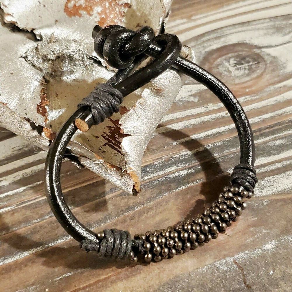 Handcrafted India Thick Black Goat Leather Vintage Gunmetal Beads Bracelet